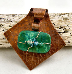 Etched Copper Pendant with Azurite-Malachite and Swarovski Crystals