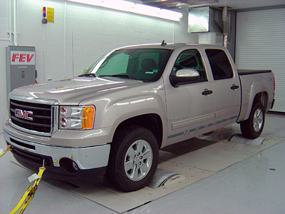 A GMC Sierra Hybrid on FEV's Chassis Dynamometer