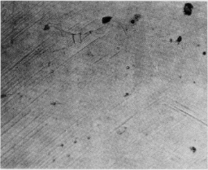 Microstructure of a single-phase (alpha) copper-tin alloy (88Cu-8Sn-4Zn). Structure shows slip lines.